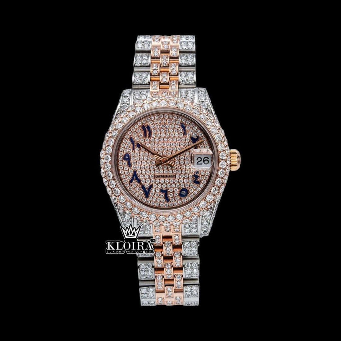 Two Tone Rose Gold Dial Blue Arabic Numerals Moissanite Diamond Watch Front View