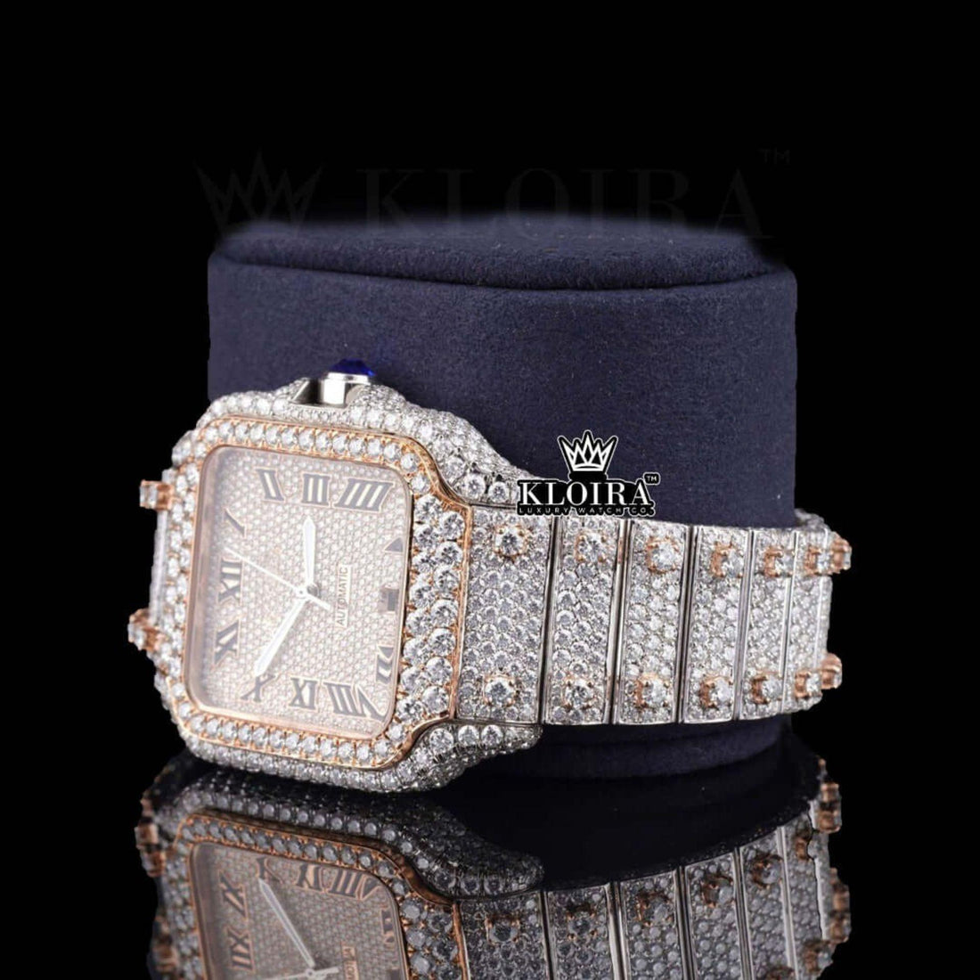 Two Tone Rose Gold Roman Dial Iced Out Moissanite Diamond Watch Front View