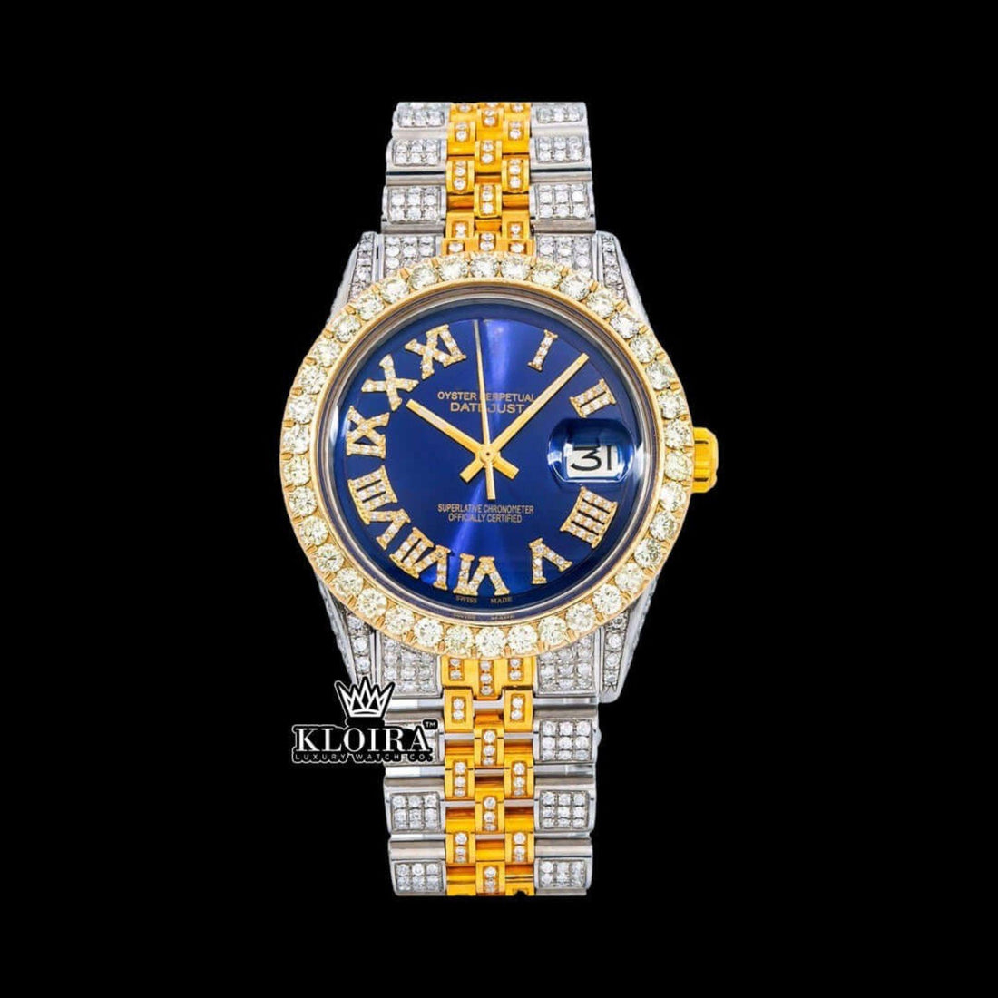 Two Tone Yellow Gold Blue Dial Yellow Roman Numerals Moissanite Watch Front View