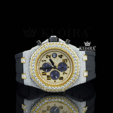 Two Tone Yellow Gold Dial Chronograph Semi Iced Out Moissanite Watch Front View