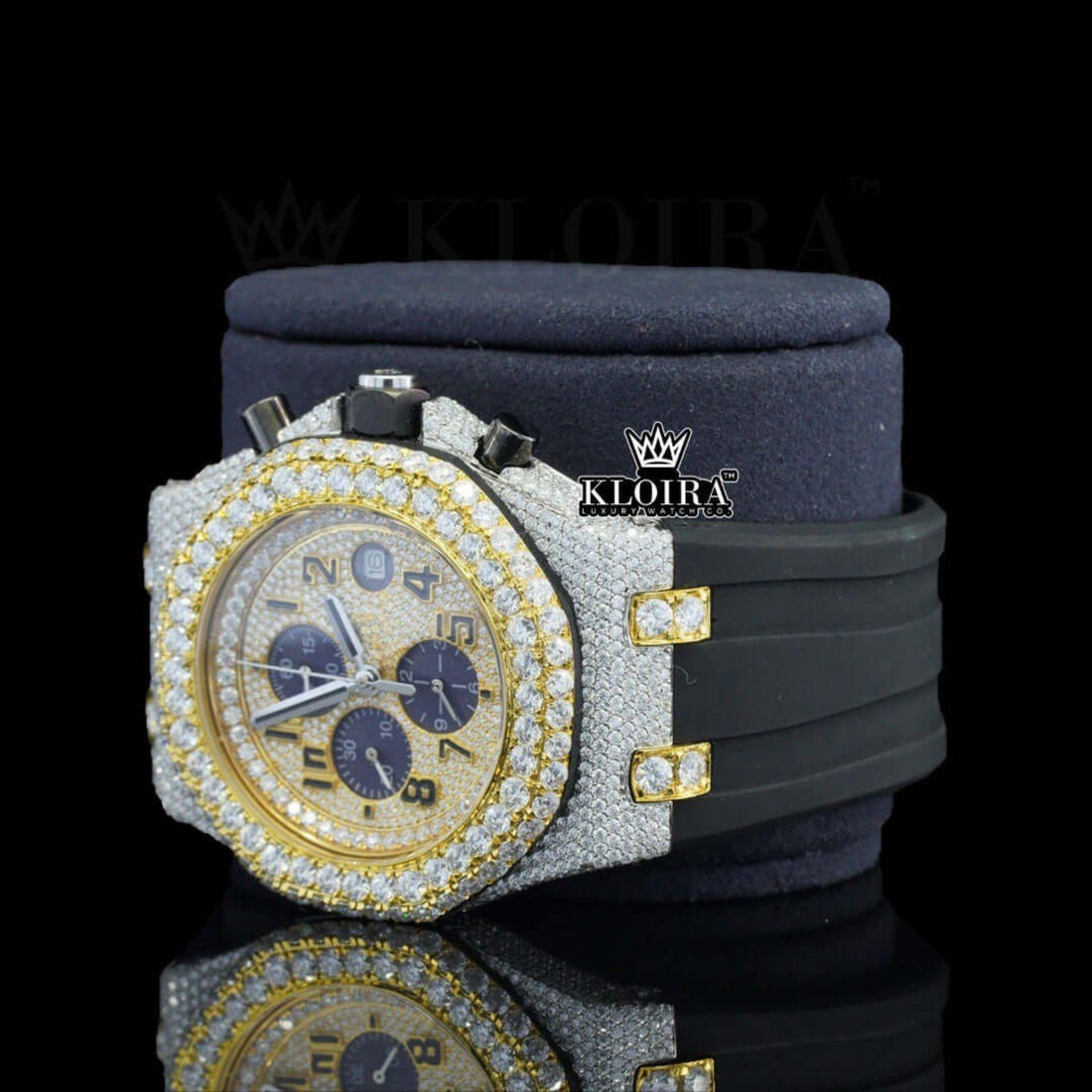 Two Tone Yellow Gold Dial Chronograph Semi Iced Out Moissanite Watch Front View