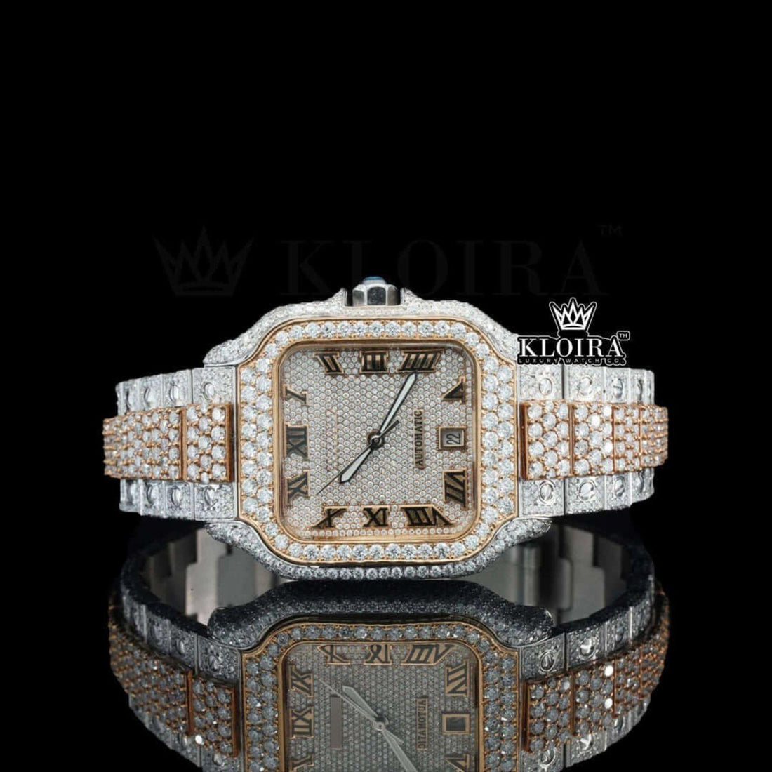 Two Tone Yellow Gold Roman Numerals Moissanite Diamond Watch Front View