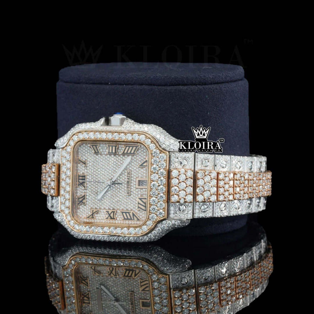 Two Tone Yellow Gold Roman Numerals Moissanite Diamond Watch Front View