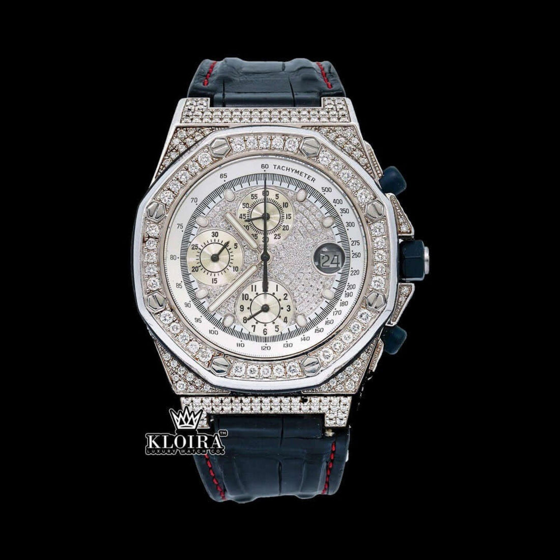 White Dial Black Leather Strap Chronograph Moissanite Diamond Watch Front View