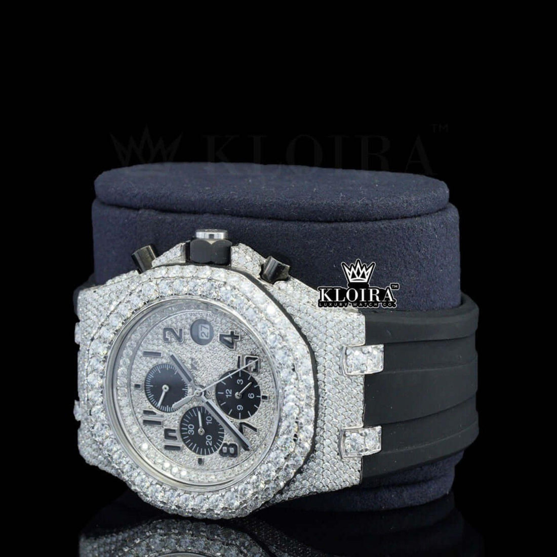 White Dial Chronograph Black Rubber Strap Semi Iced Out Moissanite Watch Front View