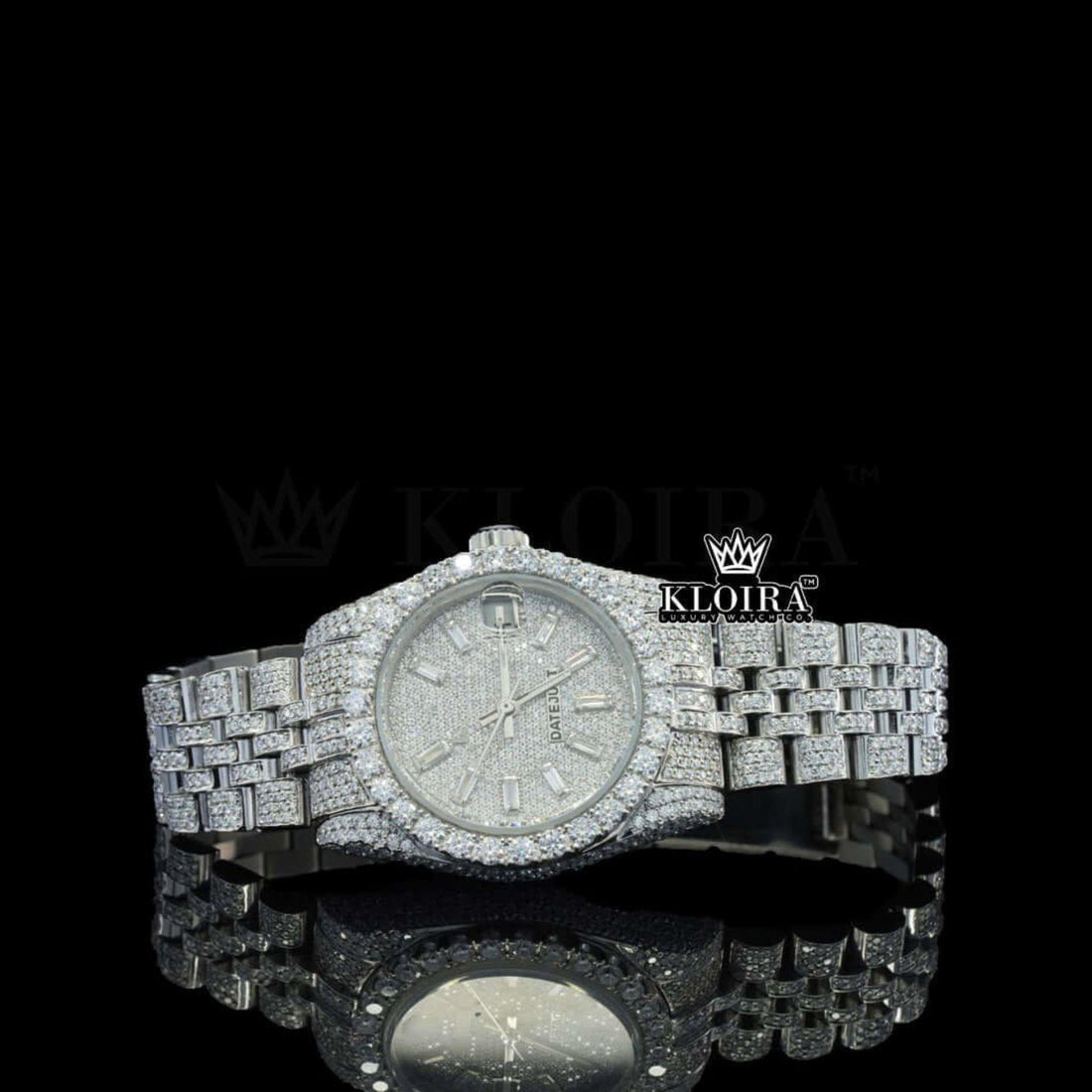 White Dial Diamond Markers Date Display Fully Iced Out Moissanite Watch Front View