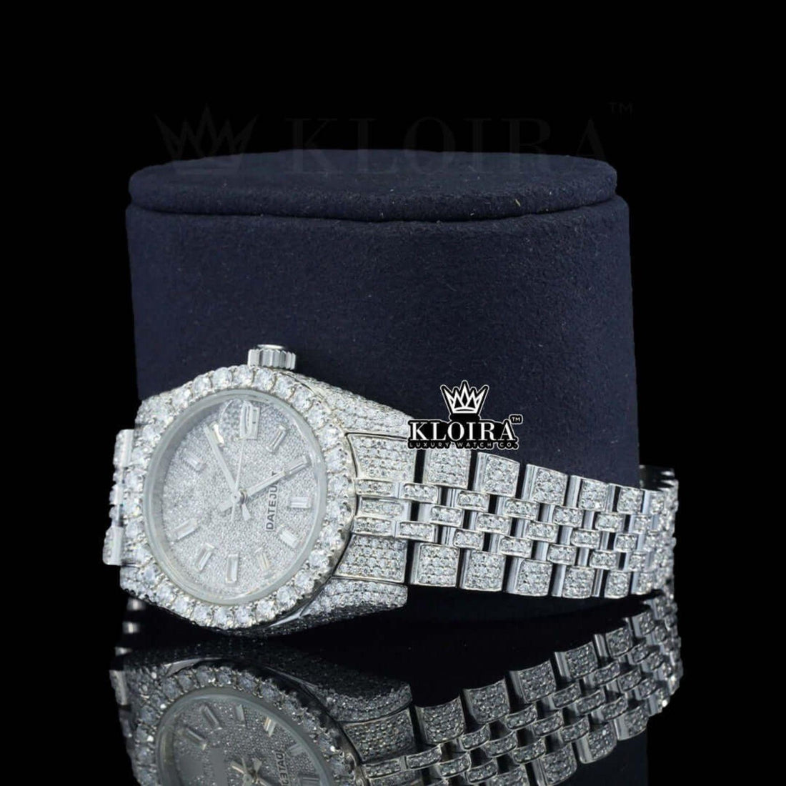 White Dial Diamond Markers Date Display Fully Iced Out Moissanite Watch Front View