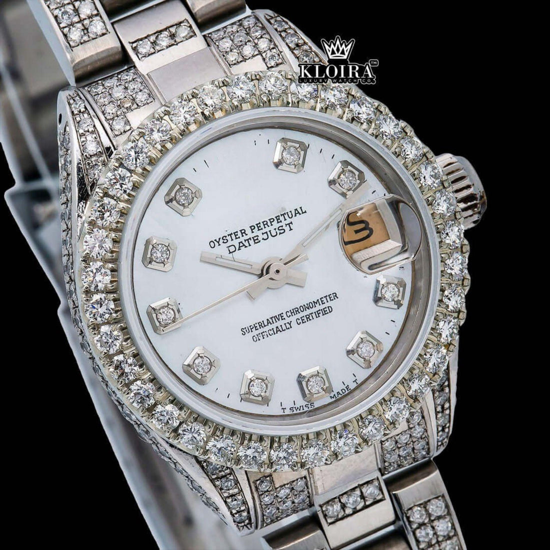 White Dial Diamond Markers Date Display Moissanite Diamond Watch Front View