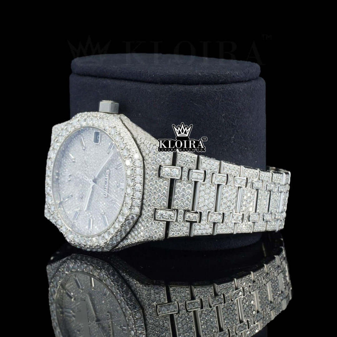 White Dial Diamond Markers Fully Iced Out Moissanite Watch Front View