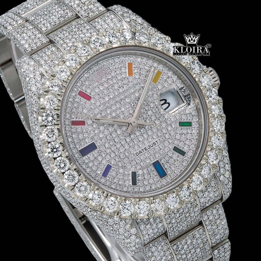 White Dial Rainbow Markers Fully Iced Out Moissanite Diamond Watch Front View