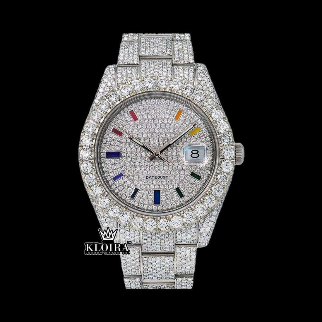 White Dial Rainbow Markers Fully Iced Out Moissanite Diamond Watch Front View