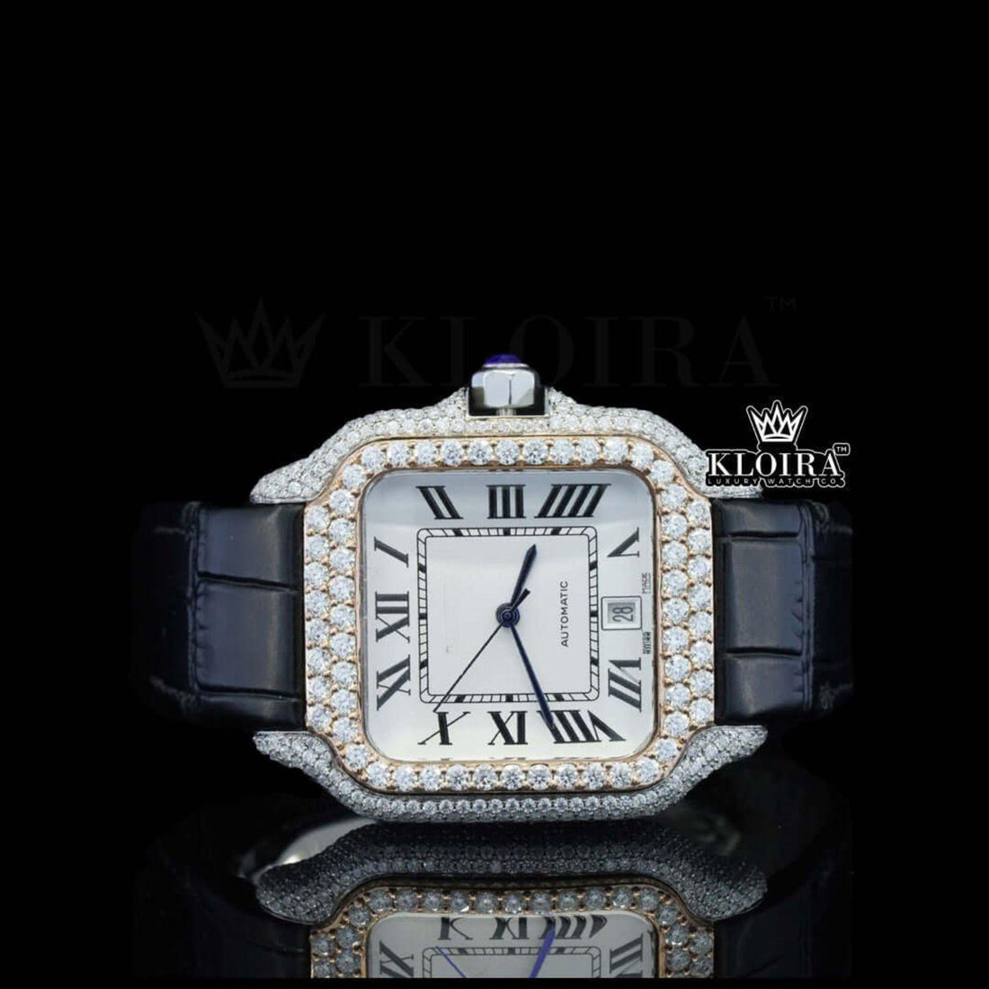White Dial Roman Numerals Black Leather Strap Moissanite Diamond Watch Front View