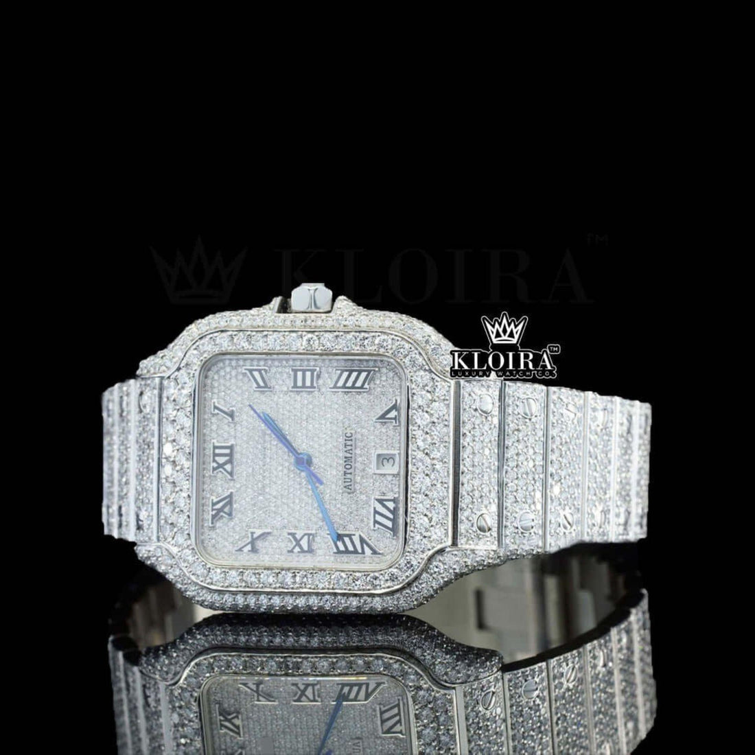 White Dial Roman Numerals Blue Hands Fully Iced Out Moissanite Watch Front View