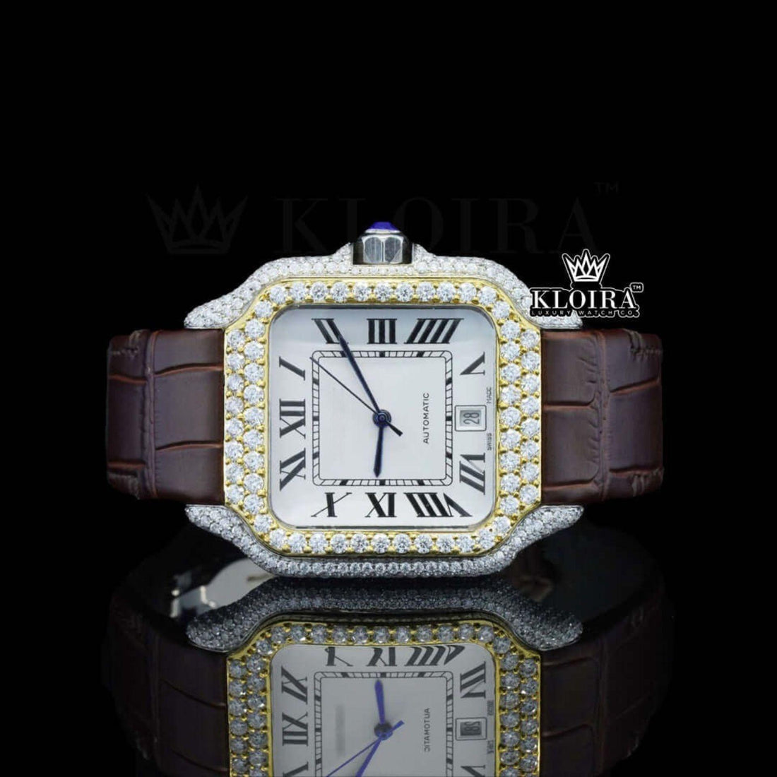 White Dial Roman Numerals Brown Leather Strap Moissanite Diamond Watch Front View