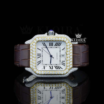 White Dial Roman Numerals Brown Leather Strap Moissanite Diamond Watch Front View