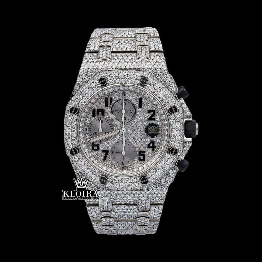 White Gold Iced Out Chronograph Moissanite Diamond Watch Front View