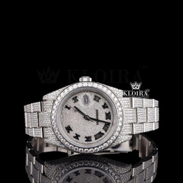 White Roman Dial Full Iced Out Classic Link Strap Moissanite Watch Front View