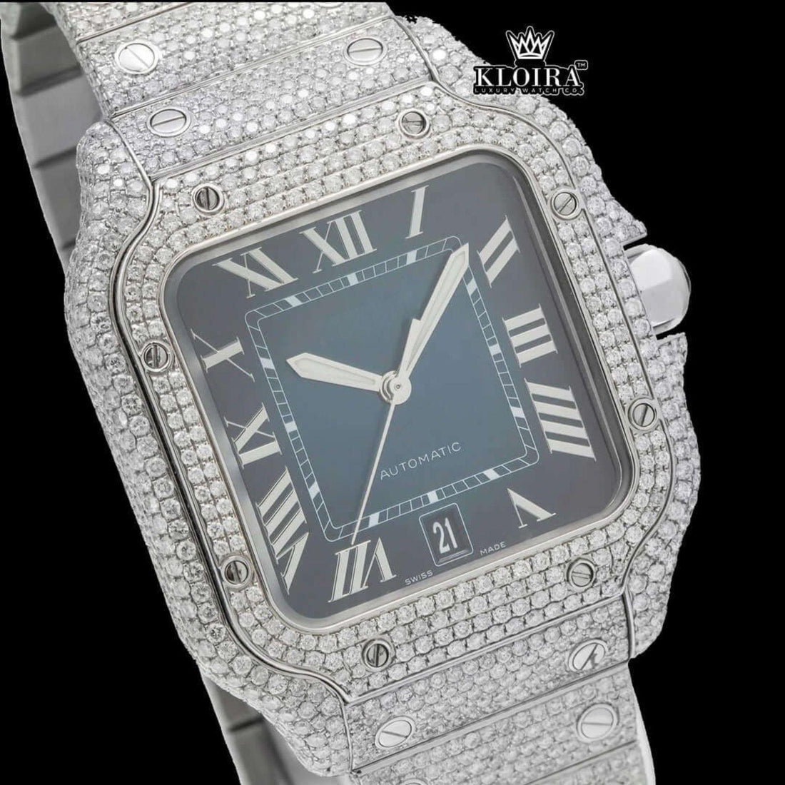 White Roman Numerals Blue Dial Full Iced Out Moissanite Watch Front View