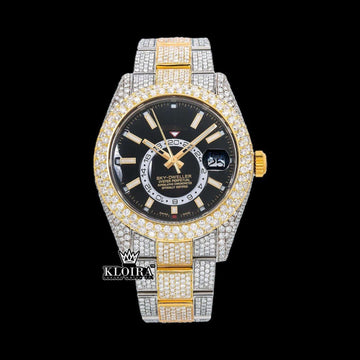 Yellow Bezel Black Dial Stick Markers Iced Out Moissanite Diamond Watch Front View