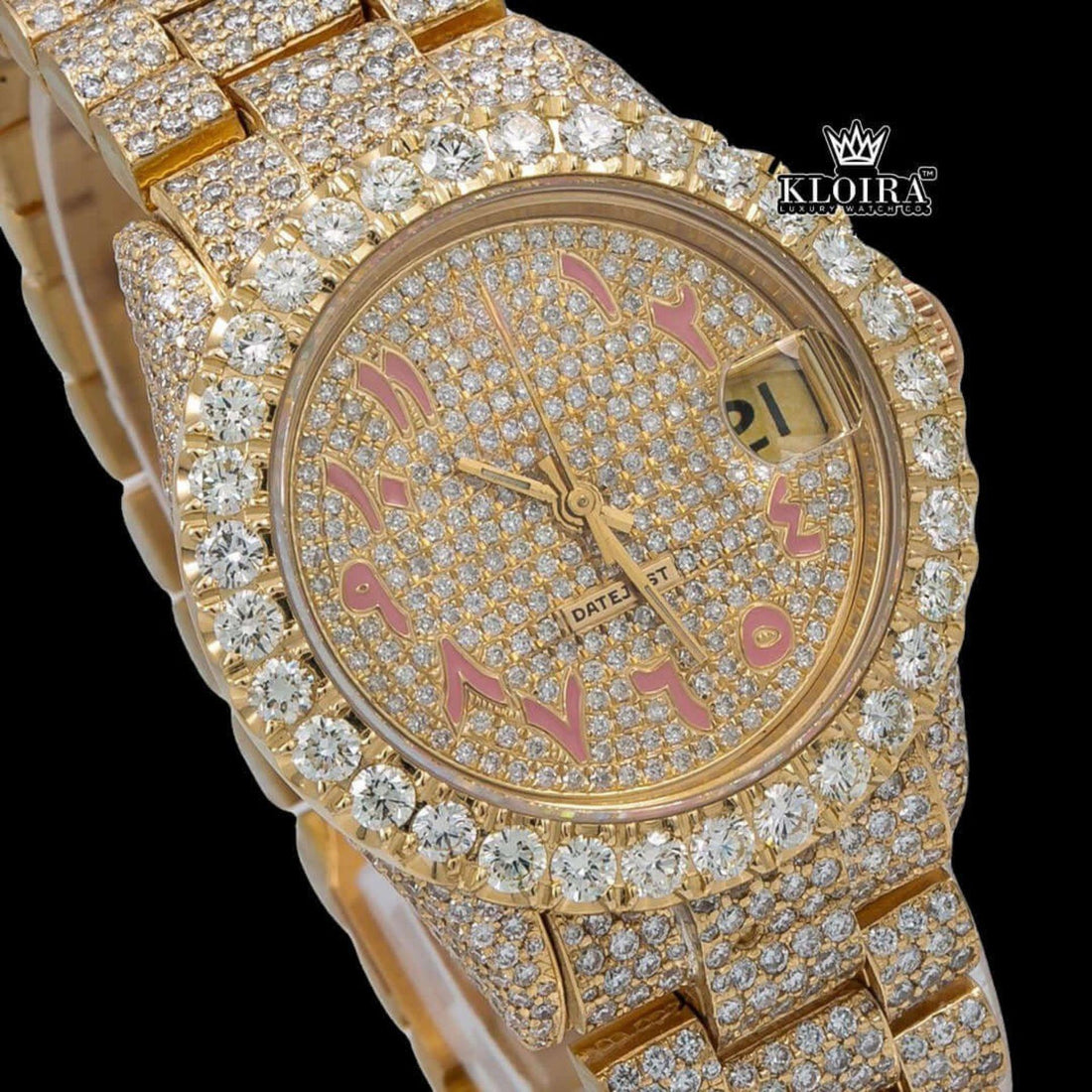 Yellow Dial Bust Down rose Gold Arabic Numeral Moissanite Diamond Watch Front View