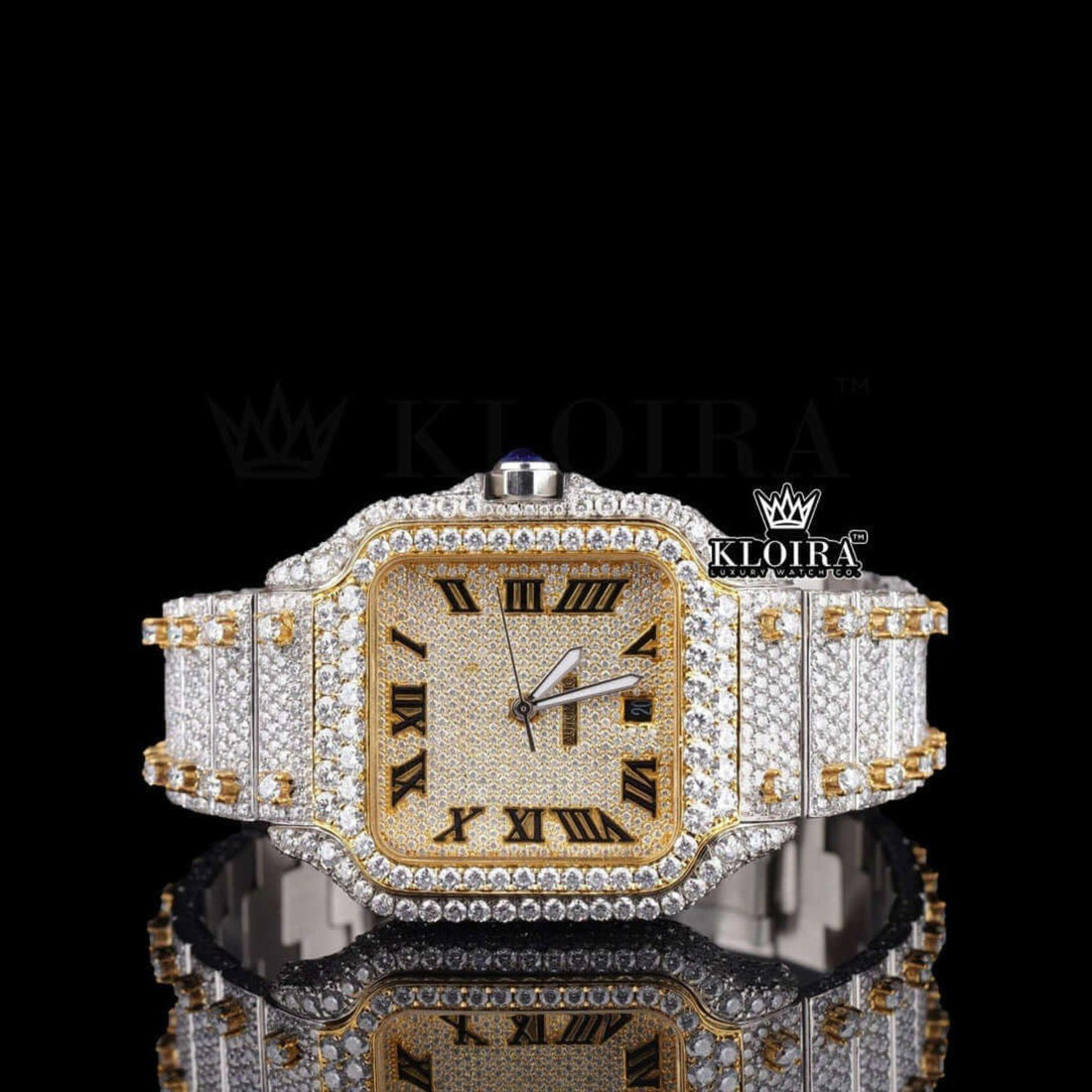Yellow Dial Roman Numerald Two Tone Moissanite Diamond Watch Front View