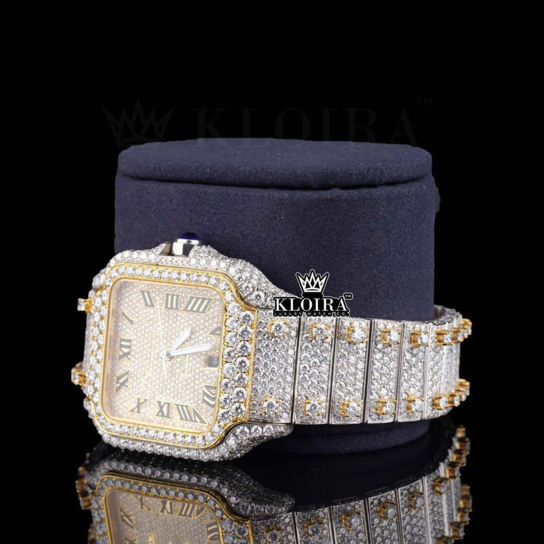 Yellow Dial Roman Numerald Two Tone Moissanite Diamond Watch Front View