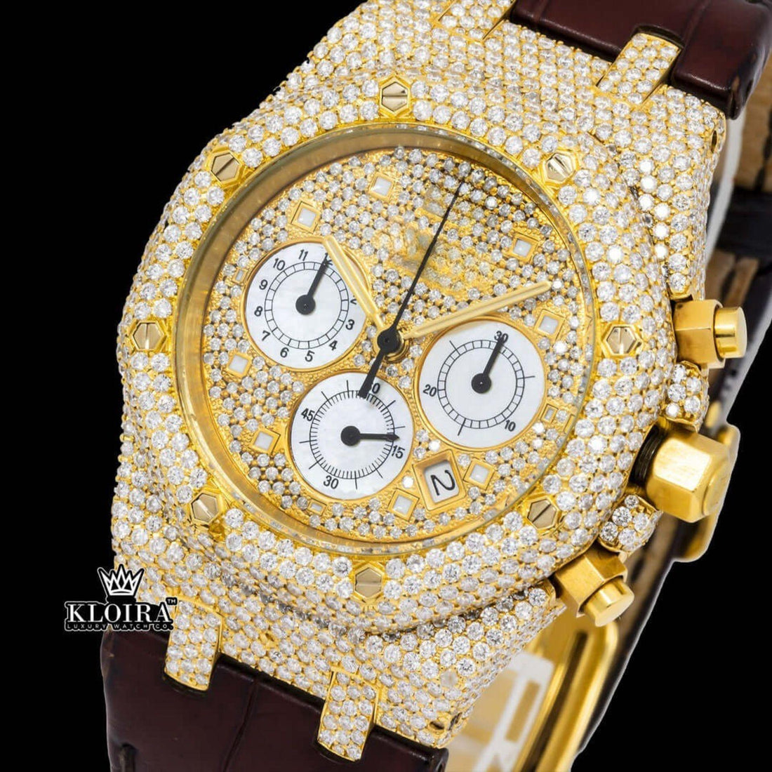 Yellow Gold Dial Brown Leather Strap Moissanite Diamond Watch Front View