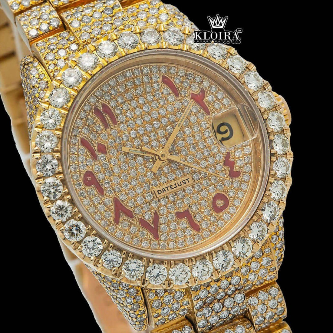 Yellow Gold Dial Red Arabic Numerals Iced Out Moissanite Watch Front View 