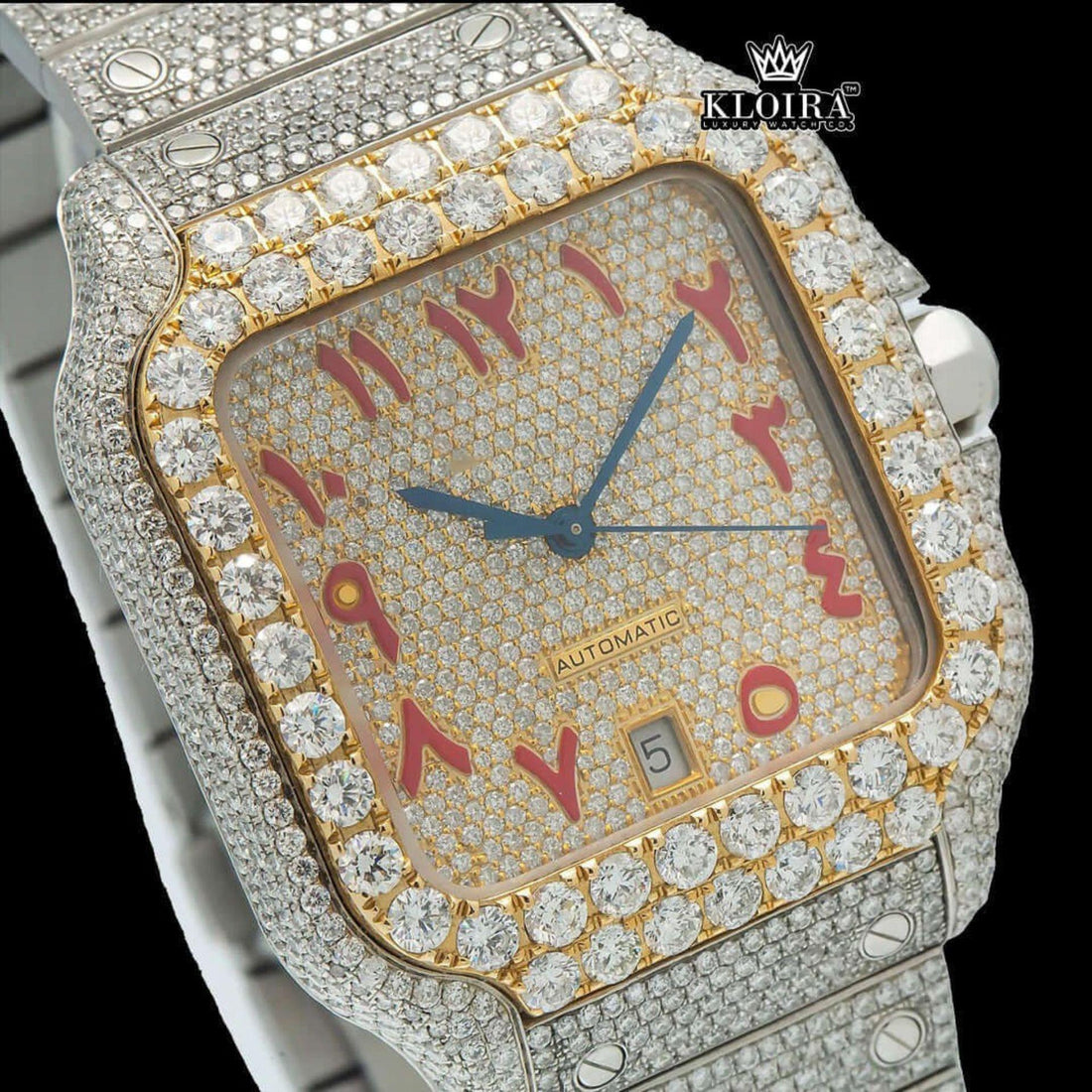Yellow Gold Dial Red Arabic Numerals Two Tone Moissanite Watch Front View