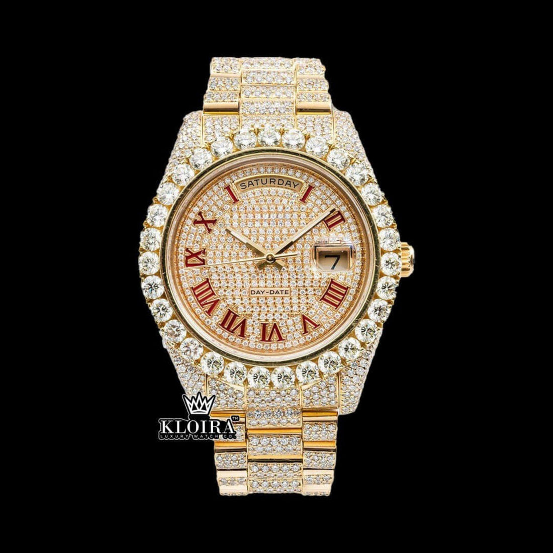 Yellow Gold Dial Red Roman Numerals Moissanite Diamond Watch Front View