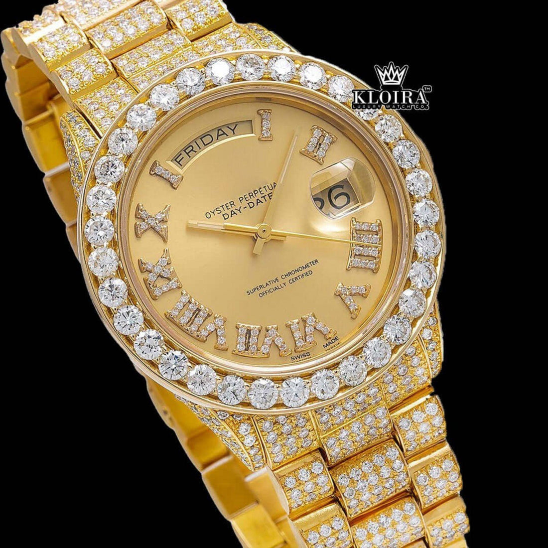 Yellow Roman Dial Day Date Display Iced Out Yellow Gold Moissanite Watch Front View