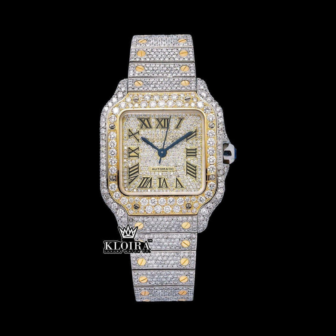 Yellow Roman Dial Two Tone Iced Out Moissanite Diamond Watch Front View