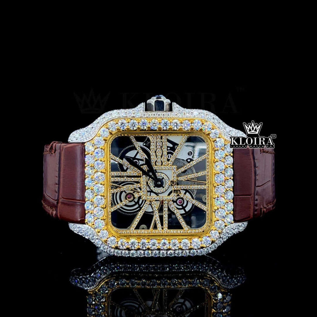 Yellow Skeleton Dial Brown Leather Strap Moissanite Diamond Watch Front View