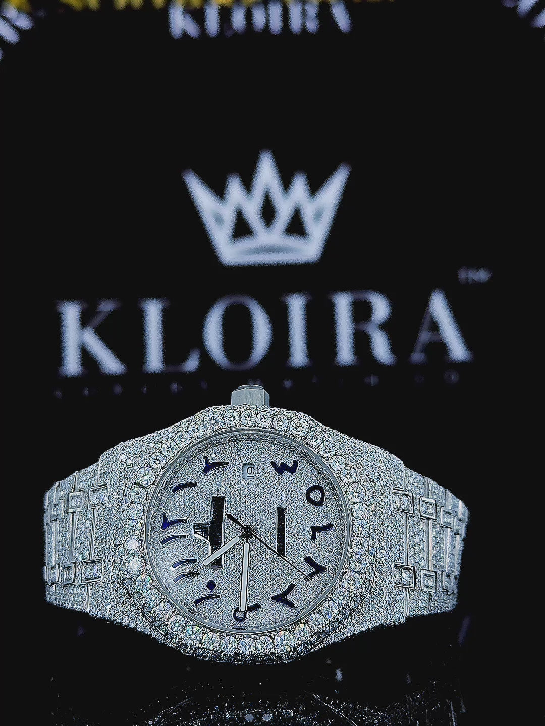 White Dial Blue Arabic Numerals Fully Iced Out Moissanite Diamond Watch 360 View Video