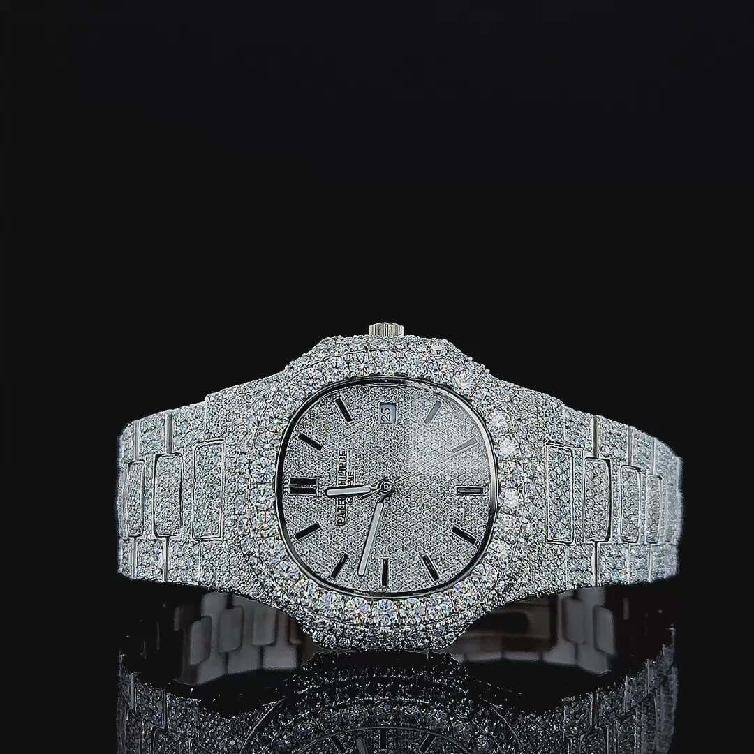 Fully Iced Out White Dial Stick Markers Moissanite Watch 360 View Video