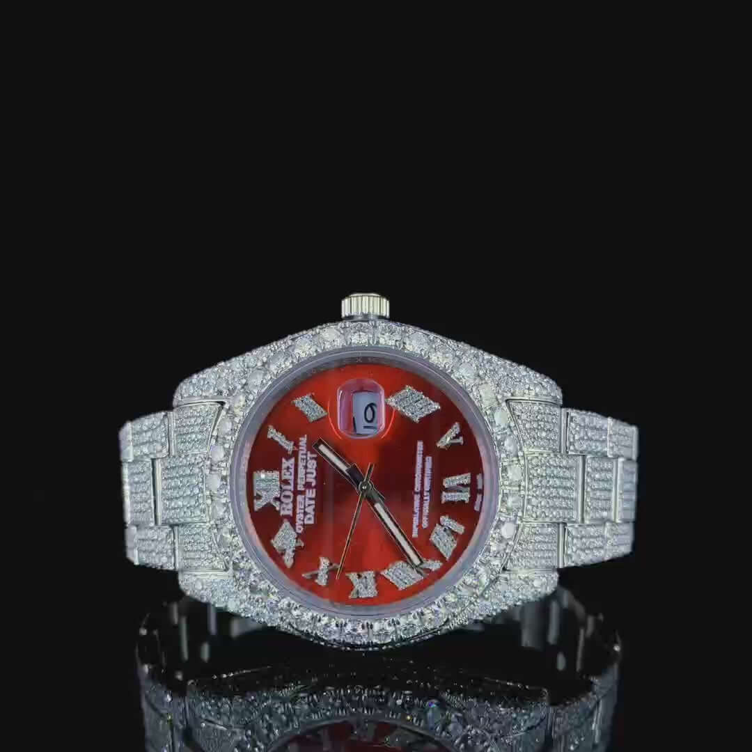 Iced Out Roman Numeral Red Dial Moissanite Diamond Watch

