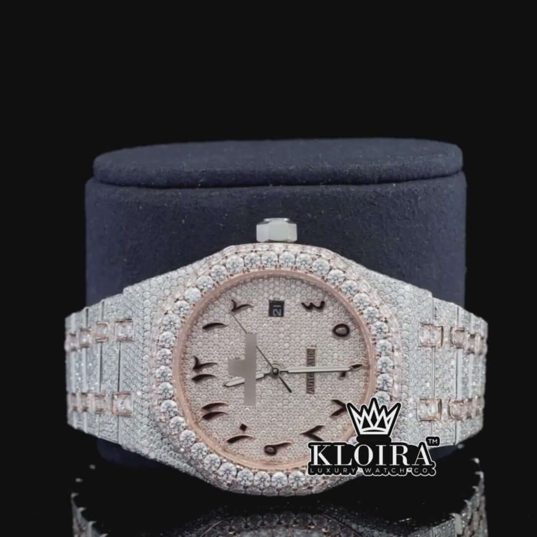 Two Tone Rose Gold Arabic Dial Iced Out Moissanite Diamond Watch
